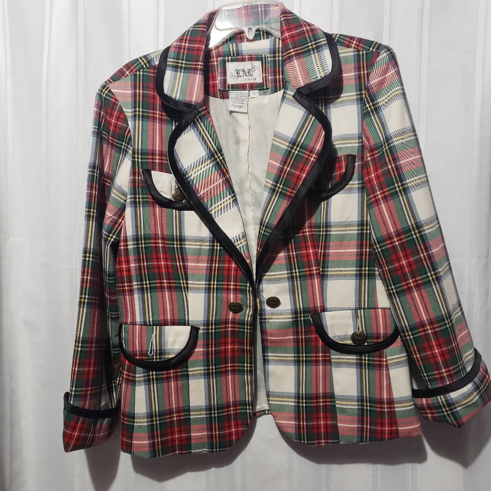 LAL Live A Little Womens  Plaid  Blazer Jacket Size Large Vintage, brass bottons